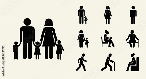 Collection of diverse family and people icons representing different generations and activities.