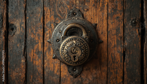 An antique lock on a wooden door with a vintage design