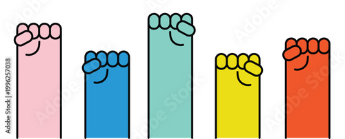Clenched fists, hands raised illustration isolated. Power, victory, protest, political activism, empowerment, social change, community concept. Line vector, editable stroke Design element clip art