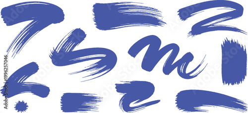 Abstract blue paint brush strokes and watercolor splatters collection isolated on white background vector illustration.