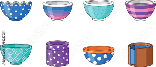 Colorful bowl collection set with patterned ceramic containers isolated vector illustration kitchen tableware design elements bundle