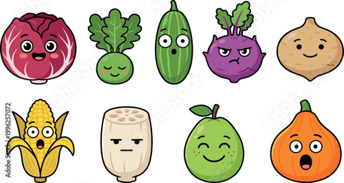 Cute Cartoon Vegetable and Fruit Characters Set with Red Cabbage Radish Cucumber Beetroot Onion Corn Taro Guava Pumpkin Funny Faces Vector Illustration