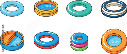 Inflatable pool float collection set with colorful swim rings and kiddie pools isolated vector illustration summer water fun design bundle
