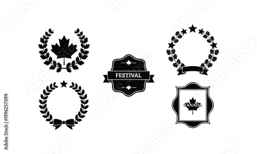 Canada festival and awards emblems with maple leaf and laurel wreaths.