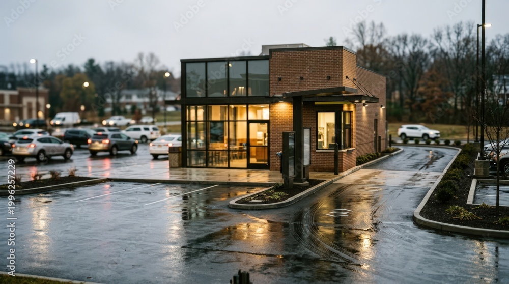 Obraz premium Wet pavement glistens in a medium shot capturing a freestanding restaurant pad building the drivethru lane in sharp focus contrasted against softly blurred cars and distant trees.