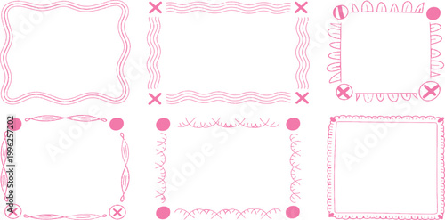 Collection of cute hand drawn pink doodle borders and decorative frames for kid's vector illustration.