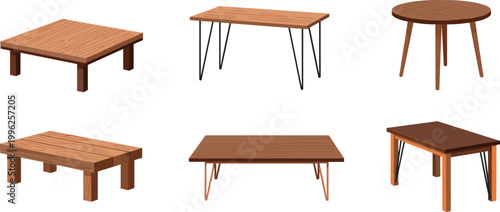 Wooden table collection set with modern and rustic furniture designs isolated vector illustration home interior decor elements bundle