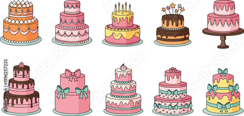 Elegant birthday cake collection set with decorated tiered desserts and festive designs isolated vector illustration celebration bakery bundle