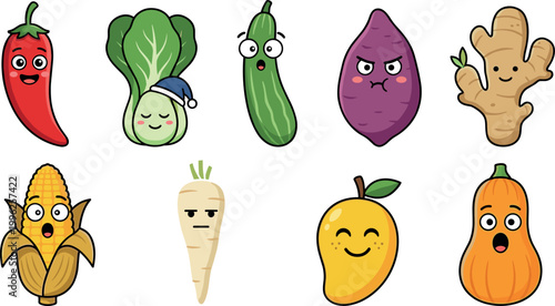 Cute Cartoon Vegetable and Fruit Characters Set with Chili Bok Choy Cucumber Sweet Potato Ginger Corn Parsnip Mango Pumpkin Funny Faces Vector Illustration