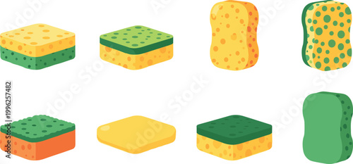 Cleaning sponge collection set with various kitchen scrubbers and foam pads isolated vector illustration household cleaning supplies design bundle
