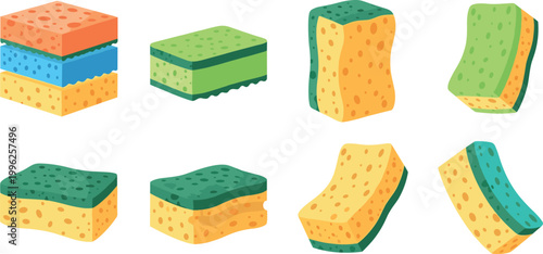 Cleaning sponge collection set with colorful kitchen scrubbers isolated vector illustration household cleaning supplies design bundle