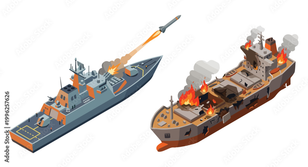 Obraz premium vector isometric of a warship shooting an enemy ship 010