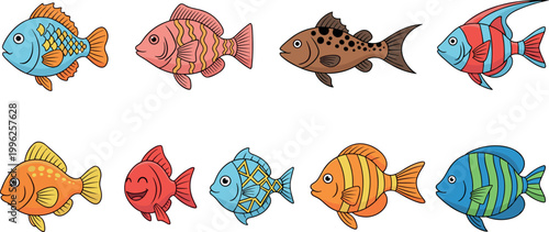 Colorful tropical fish collection set with various aquarium species isolated vector illustration marine wildlife design bundle