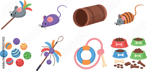 Cat toys and accessories collection set with balls tunnels and food bowls isolated vector illustration pet care design bundle