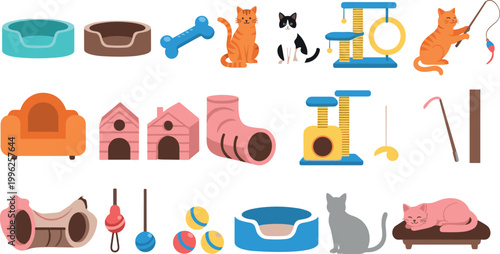 Pet accessories collection set with cat furniture toys beds and scratching posts isolated vector illustration animal care design bundle