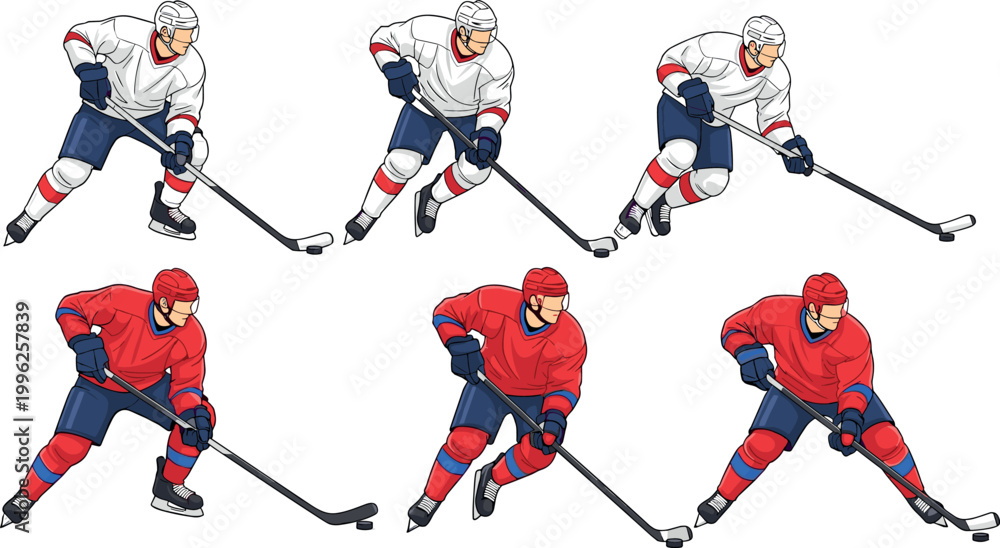 Obraz premium Vector illustration of six ice hockey players in action, wearing red and white jerseys, on a white background.