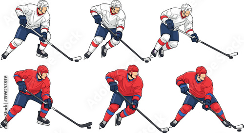 Vector illustration of six ice hockey players in action, wearing red and white jerseys, on a white background.