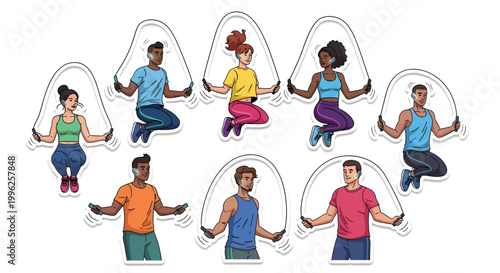 Diverse group of people jumping rope together outdoors