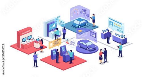 Isometric illustration of people at exhibition with various displays