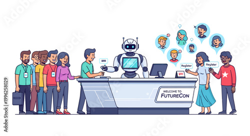 Robot receptionist interacting with diverse people at FutureCon