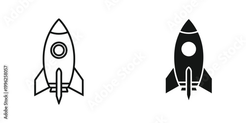 Contrasting styles of a rocket ship depicted in minimalist line art and solid silhouette