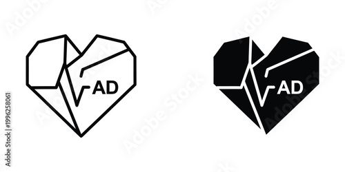 Two contrasting heart logos with geometric and cracked designs labeled ad