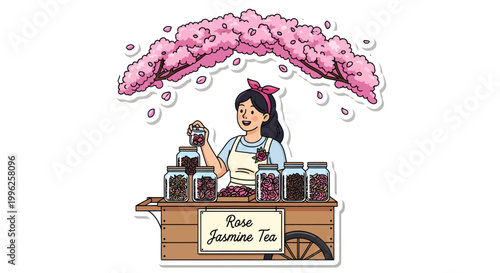 Woman selling rose jasmine tea at a cart under cherry blossoms