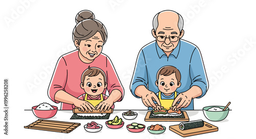 Family cooking together with kids and grandparents making food