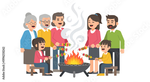 Family and friends gathering around a barbecue fire pit