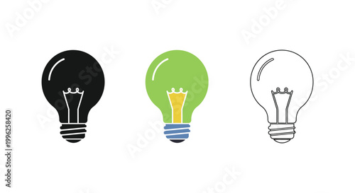 Three light bulbs black green and white outline illustrations