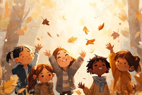 happy children playing with autumn leaves, throwing leaves in the air, warm light, joyful atmosphere, childhood and friendship