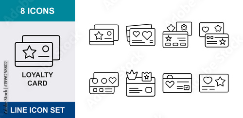 8 Loyalty card linear icons reward program, membership gift, discount coupon, star heart crown, UI and web interface design