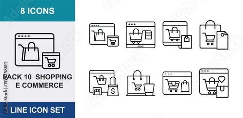 8 Shopping ecommerce linear icons cart bag price tag browser window store checkout, UI and web interface design