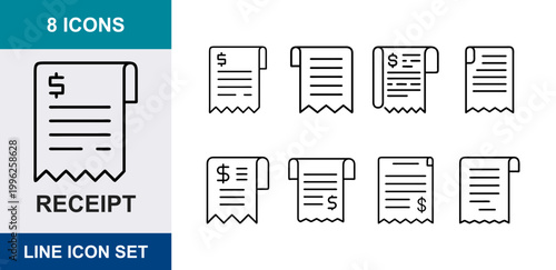 8 Receipt linear icons bill invoice payment check paper dollar cash transaction, UI and web interface design