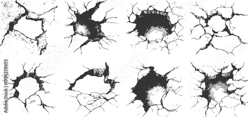 Set of hand drawn sketch wall cracks holes and fissures damage effects vector illustration.