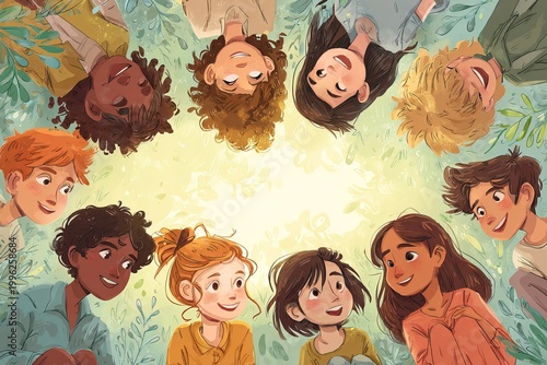 children lying in circle looking up, friendship and unity, warm light, joyful atmosphere, children illustration nature