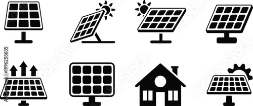 Solar panel installation process with renewable energy flow icons and eco-friendly house illustration
