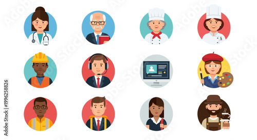Various professionals and occupations depicted in colorful circular avatars on a white background