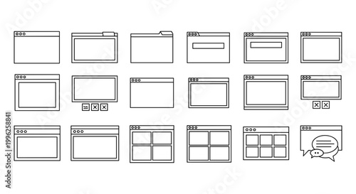 Minimalist browser window icons set, 18 outline web interface frames, retro computer operating system UI elements, digital software wireframe vector