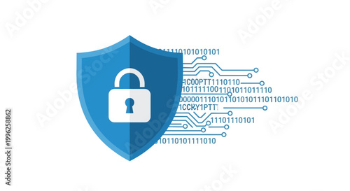 A blue shield with a padlock protects binary code on a circuit board background.