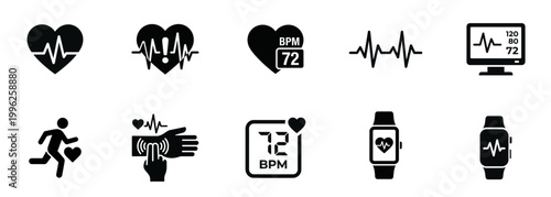 Heart rate icons set in black style for health monitoring