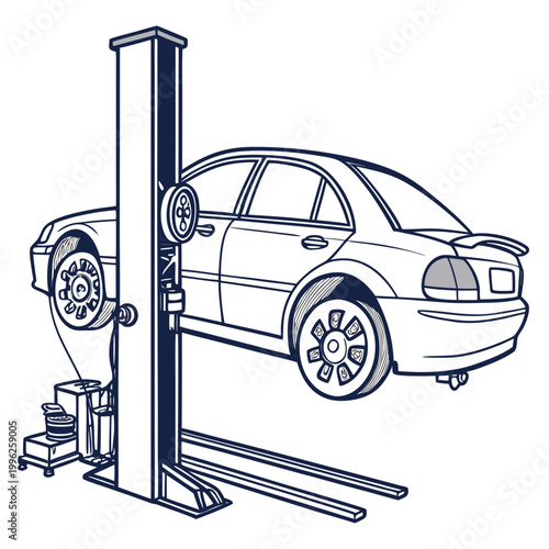 Sedan car raised on a hydraulic lift at a repair station with service station