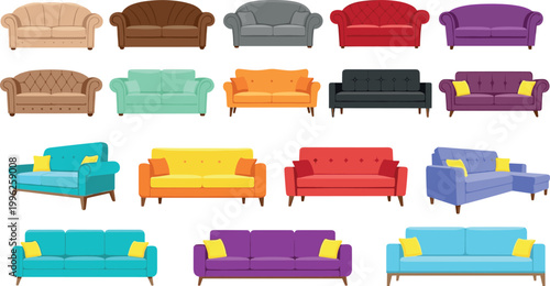 Set of colorful sofas and couches vector illustrations modern furniture living room interior design collection