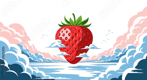 A large red strawberry floats in the air surrounded by pink and blue clouds and birds flying overhead in a whimsical scene.