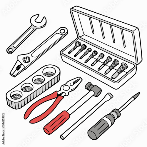 Toolbox with various wrenches pliers hammer hand tools tool holder flat lay