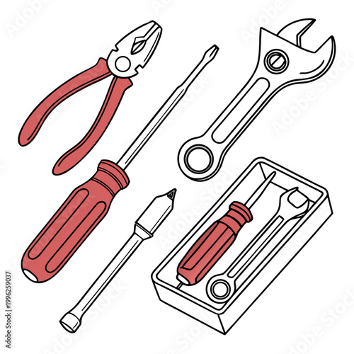 Collection of hand tools including pliers screwdrivers wrenches with tool kit