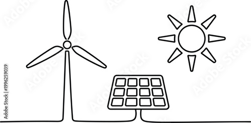 Minimalist solar panel and sun icon illustration for renewable energy concept