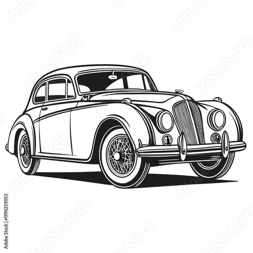 Black and white line drawing of a vintage jaguar xk140 coupe with sports car