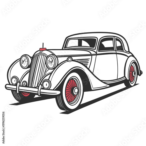 Stylized illustration of a vintage red-wheeled luxury car with old timer