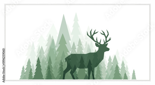 A majestic deer with large antlers stands in front of a dense forest of pine trees on a mountain.